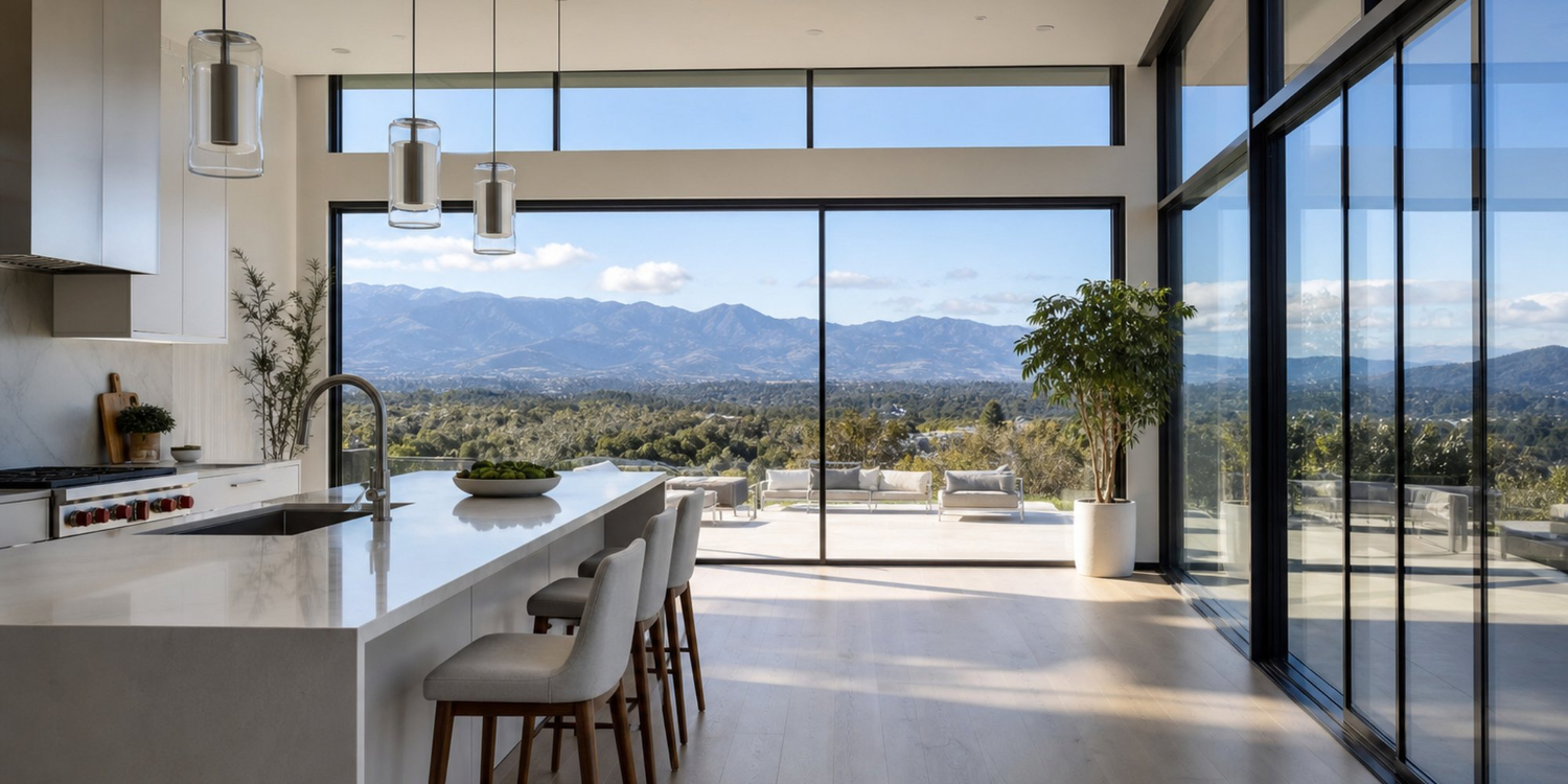 Cuisine moderne avec fenêtre panoramique et vue sur le paysage